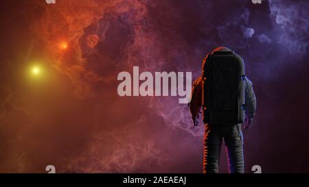 Astronauta davanti a una bellissima space nebula Foto Stock