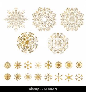 Set di fiocchi di neve natalizi con glitter oro Foto Stock