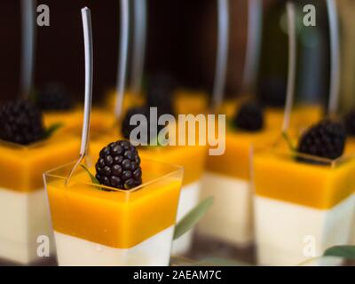 Giallo e Bianco dessert di gel con more decorate con rami di eucalipto e con cucchiai in loro Foto Stock