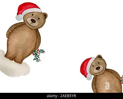 Orsacchiotto di peluche con santa hat, acquerello cartoon illustrazione, scheda di natale template design con copia spazio per il testo Foto Stock