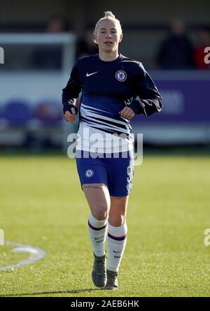 Chelsea di Betania Inghilterra si riscalda prima di fa le donne della Super League a Cherry Red Records Stadium, Londra. Foto Stock