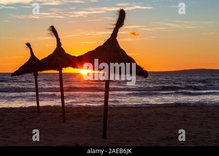 Sihouetted ombrelloni sulla spiaggia al tramonto, senza persone, Playa de Palma, Platja de Palma Maiorca Maiorca, isole Baleari, Spagna, Europa Foto Stock