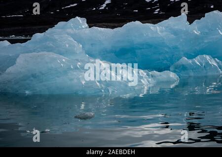 Blu ghiaccio del ghiacciaio Dahlbreen. Il ghiaccio del blu Iceberg contiene un minor numero di bolle di aria rispetto a quelli che appaiono più o meno bianco. Nei giorni di pioggia il loro colore Foto Stock