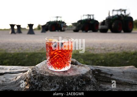 Cocktail estate in vivace colore rosso con mirtillo e arancione in piedi su un tronco di legno in una campagna Foto Stock