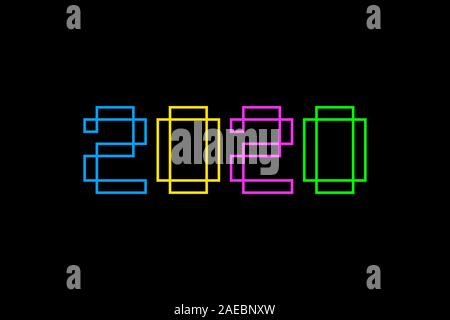 2020 Anno Nuovo modello di progetto. Multicolore numeri isolati. Colore simbolo digitale su sfondo nero, linee geometriche. Il neon multicolore di segno. C Illustrazione Vettoriale