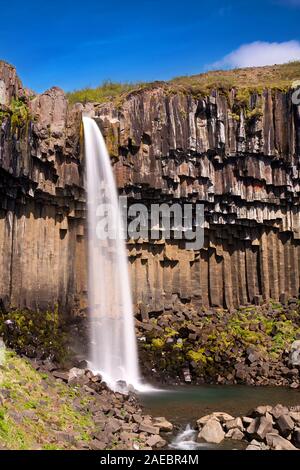 La splendida cascata Svartifoss in Islanda. Una lunga esposizione, risultante in colori forti e motion blur. Foto Stock