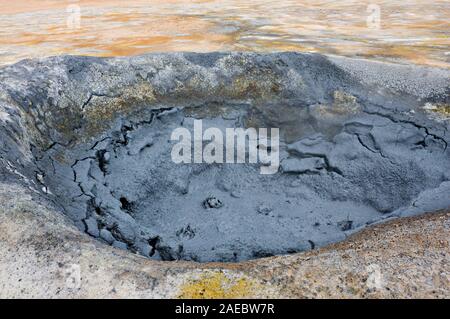 Alcuni gorgogliamento di fango caldo pentole in Namaskard, Islanda. Foto Stock