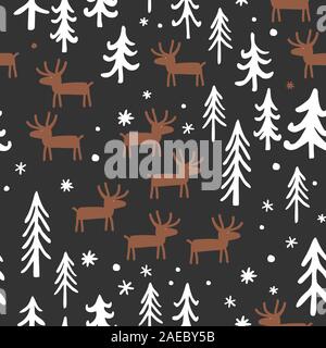 Natale vettore seamless pattern con Cartoon carino cervi, alberi e fiocchi di neve. Bianco, marrone e nero tavolozza. Scandinavo Sfondo Inverno Illustrazione Vettoriale