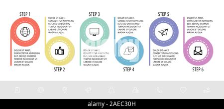 Vettore di linea piatta modello infographics cerchio. Il concetto di business con 6 opzioni e le etichette. Sei fasi per i diagrammi, presentazione, del diagramma di flusso, la timeline Illustrazione Vettoriale