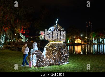 La gente a prendere le foto con una nuova luce di vacanza decorazione presso Lake Eola Park, Orlando in Florida. Foto Stock