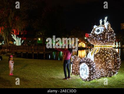 La gente a prendere le foto con una nuova luce di vacanza decorazione presso Lake Eola Park, Orlando in Florida. Foto Stock