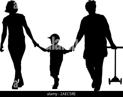 Silhouette nera della madre e nonna e nipote a piedi con gli scooter nelle mani. Illustrazione Vettoriale. Illustrazione Vettoriale