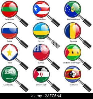 Impostare i flag del mondo stati sovrani lente di ingrandimento. Illustrazione Vettoriale. Impostare il numero 13. Colori esatti. Semplici modifiche. Illustrazione Vettoriale