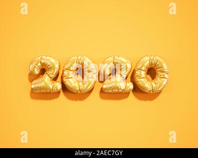 Natale e felice anno nuovo 2020 palloncino arancione numeri d'oro su sfondo giallo. 3D rendering Felice Anno Nuovo 2020 logo design. Foto Stock