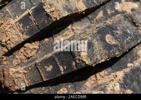 Close-up di vecchia gomma utilizzato terreno di fango con pneumatici usurati resistente ai fenomeni di usura del battistrada. Nero fangoso off-road pneumatico su quattro ruote motrici con carrello sporco aderente Foto Stock