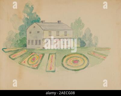 Questo dipinto del 1936 di George Stonehill raffigura la casa di Peter Stuyvesant, che mostra dettagli architettonici, finestre, porte, tetto, facciata, paesaggio circostante e contesto storico tipico della rappresentazione architettonica americana dei primi anni del XX secolo. Foto Stock