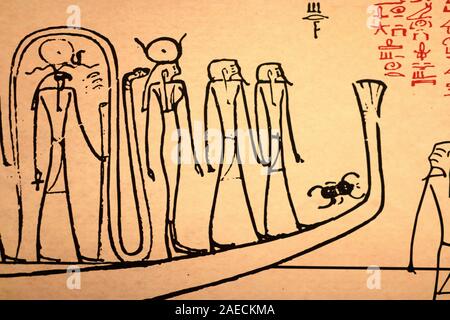 Disegno su pietra del faraone vela sulla sua nave fatta in inchiostro nero, con geroglifici rosso Foto Stock