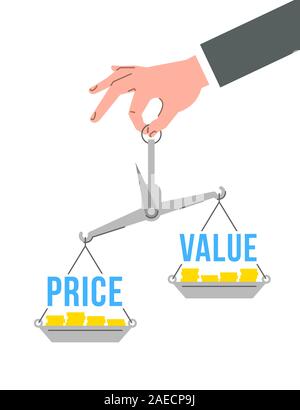 Imprenditore tiene in mano bilance di precisione con parole prezzo e valore. Valutazione finanziaria concetto. Appartamento illustrazione vettoriale. Confronto tra costo e wo Illustrazione Vettoriale