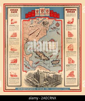 Poster vintage degli anni trenta la storia di zucchero di canna di zucchero in Pennsylvania azienda usa mappa promozionali e brochure dettagliando tutto circa lo zucchero di canna. La mappa mostra Cuba e Porto Rico, in cui la canna da zucchero è coltivata e spedizione della società raffineria di zucchero in Philadelphia ('uno dei più grandi del mondo"); e trasporto di zucchero raffinato per ferrovia e su strada per USA orientale Foto Stock