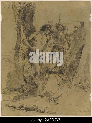 Questo dipinto di Giovanni Battista Tiepolo, dei primi anni '1750, raffigura la scoperta della tomba di Punchinello, mostrando figure in pose drammatiche con dettagli architettonici e funerari tipici della pittura rococò italiana. Foto Stock