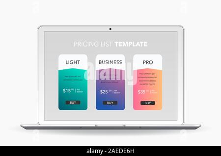 Infografico con il modello di computer portatile. Business step opzioni, banner, web design. Illustrazione Vettoriale