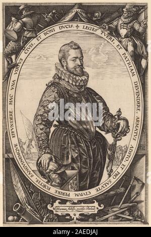 Questa incisione di Hendrik Goltzius, probabilmente del 1589, raffigura Jacques de la Faille. Illustra la stampa di ritratti olandesi della fine del XVI secolo, la figura umana, la disposizione compositiva e i dettagli artistici. Foto Stock
