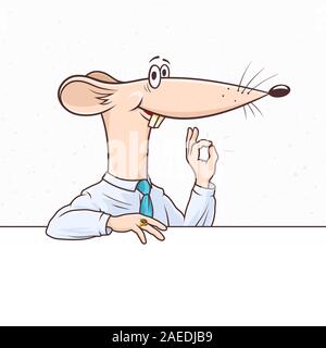Office ratto come il simbolo del nuovo anno 2020 sorrisi e mostra un gesto Ok. Cartoon mouse in un business camicia e cravatta è appoggiata sul banner. Immagine raster Foto Stock