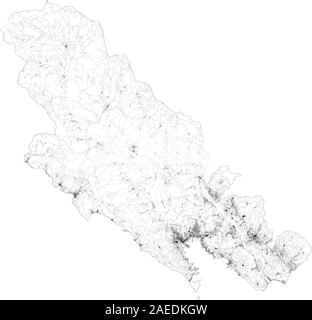 Mappa satellitare della provincia di La Spezia, città e strade, edifici e strade di collegamento delle aree circostanti. Liguria, Italia. Mappa strade, strade ad anello Illustrazione Vettoriale