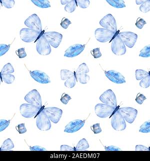Acquerello Farfalle sfondo. Modello disegnato a mano. Illustrazione isolata. Bellezza in natura. Sfondo per tessuto, tessile, Stampa e invito Foto Stock