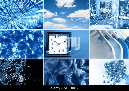 Collage con il classico colore blu del 2020. Colore trend layout. Foto Stock