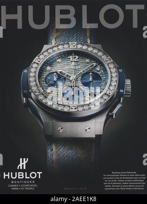 Poster pubblicitari HUBLOT Swiss Luxury brand di orologeria in magazzino dal 2015 anno, pubblicità creative Hublot 2010s annuncio Foto Stock