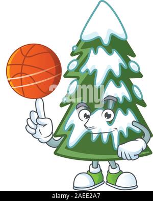Mascotte dell albero di natale snow cartoon character style con basket Illustrazione Vettoriale