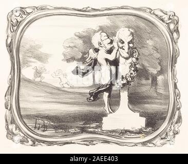 Una litografia di Honoré Daumier del 1850-1851 intitolata "le Secret confié au dieu faune", raffigurante figure mitologiche, gesti espressivi, elementi simbolici e composizione dettagliata che riflette temi allegorici del XIX secolo. Foto Stock