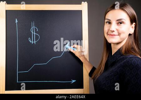 Il grafico della crescita del dollaro è disegnato su una lavagna nera, una donna sorridente è in piedi vicino a. La valuta estera sul mercato finanziario Foto Stock
