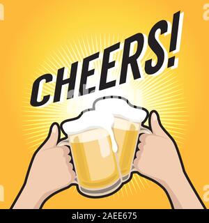 Cheers! In aumento le mani con birra tazze di vetro con schiuma. Festa della birra. Illustrazione Vettoriale
