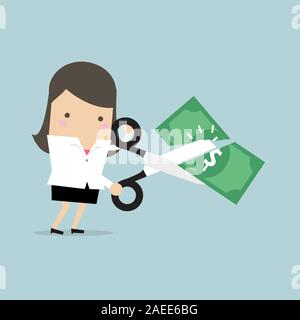 Imprenditrice mani tenendo le forbici e il taglio di un dollaro. Illustrazione Vettoriale