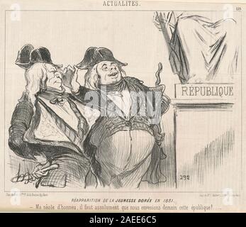 Una litografia del XIX secolo di Honoré Daumier intitolata "Réapparition de la jeunesse dorée en 1851", raffigurante giovani figure alla moda, mostrando gesti, abbigliamento, postura, espressioni, e l'interazione sociale del periodo. Foto Stock