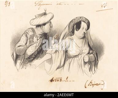 Una litografia del 1841 di Honoré Daumier intitolata "Sortez! (Bajazet)" che raffigura una scena drammatica di uno spettacolo teatrale. L'opera enfatizza i gesti, la presenza scenica, i costumi e l'interazione tra attori nella Francia del XIX secolo. Foto Stock