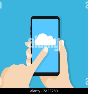Icona a forma di nuvola sulla schermata dello smartphone. Mano azienda smartphone. Illustrazione Vettoriale