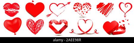 Cuore rosso il set di simboli. Diversi stili di cuore e a forma di cuore gli elementi Illustrazione Vettoriale