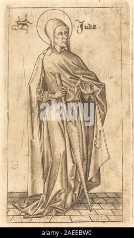 Un'impronta di Israhel van Meckenem dopo il Maestro es, 1470-1480, raffigurante San Giuda Taddeo, raffigurante figura, postura, gesto, espressione facciale, abbigliamento e iconografia devozionale cristiana. Foto Stock