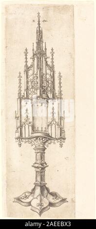 A Gothic Monstrance, intorno al 1480, di Israhel van Meckenem dopo il Maestro W con la chiave, raffigura un vaso liturgico ornato con un dettagliato disegno gotico, simbolismo religioso e lavorazione dei metalli. Foto Stock