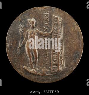 Un'incisione italiana del XVI secolo raffigurante mercurio accanto a un obelisco rotto sul retro, creata intorno al 1545-1550, che mostra figure classiche ed elementi architettonici. Foto Stock