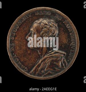 Un ritratto inciso di Jacques Antoine Dassier del 1753 raffigurante Charles de Secondat, barone di la Brède e Montesquieu, mostrando caratteristiche facciali, abbigliamento e iscrizioni che lo identificano come uno storico filosofico. Foto Stock