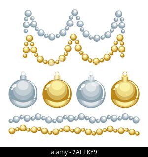 Natale argento e oro vettore cartoon ornamenti e talloni isolati su sfondo bianco Illustrazione Vettoriale