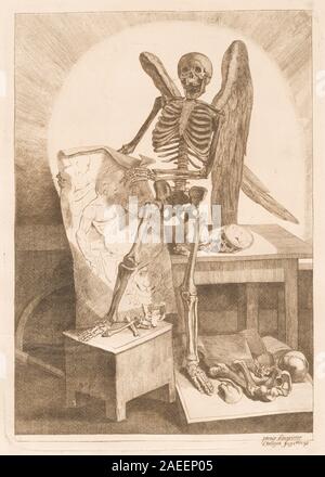 L'incisione di Jacques Gamelin 'Uno scheletro alato che tiene un disegno anatomico', 1779, raffigura uno scheletro con ali che tengono un foglio anatomico dettagliato. L'opera enfatizza l'anatomia, le immagini simboliche, i gesti e le convenzioni di illustrazione medica del XVIII secolo. Foto Stock