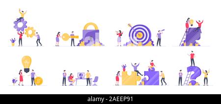 Concetto di lavoro di squadra con piccoli caratteri di persone che lavorano insieme il concetto di business set di elementi. Il lavoro di squadra e la gestione del tempo piatto concept design di stile ve Illustrazione Vettoriale