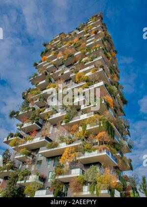 Milano Italia 4 Dicembre 2019:Bosco verticale è un complesso di palazzi e la presenza di più di due mila specie arboree, quali arbusti e alte Foto Stock