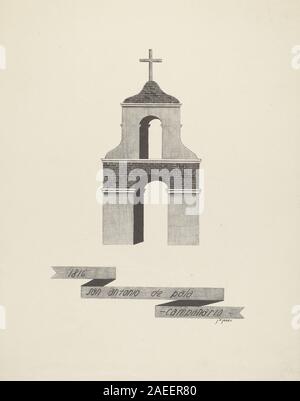 Una raffigurazione del campanario a San Antonio de Pala Mission creata tra il 1935 e il 1942, che mostra la struttura del campanile, le superfici in adobe e l'architettura della missione circostante. Foto Stock