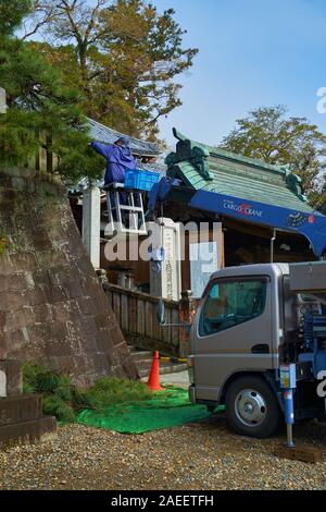 Un albero attentamente il rifinitore per le prugne secche il verde alla Naritasan Shinshoji era di Edo tempio Buddista complesso a Narita, in Giappone. Foto Stock